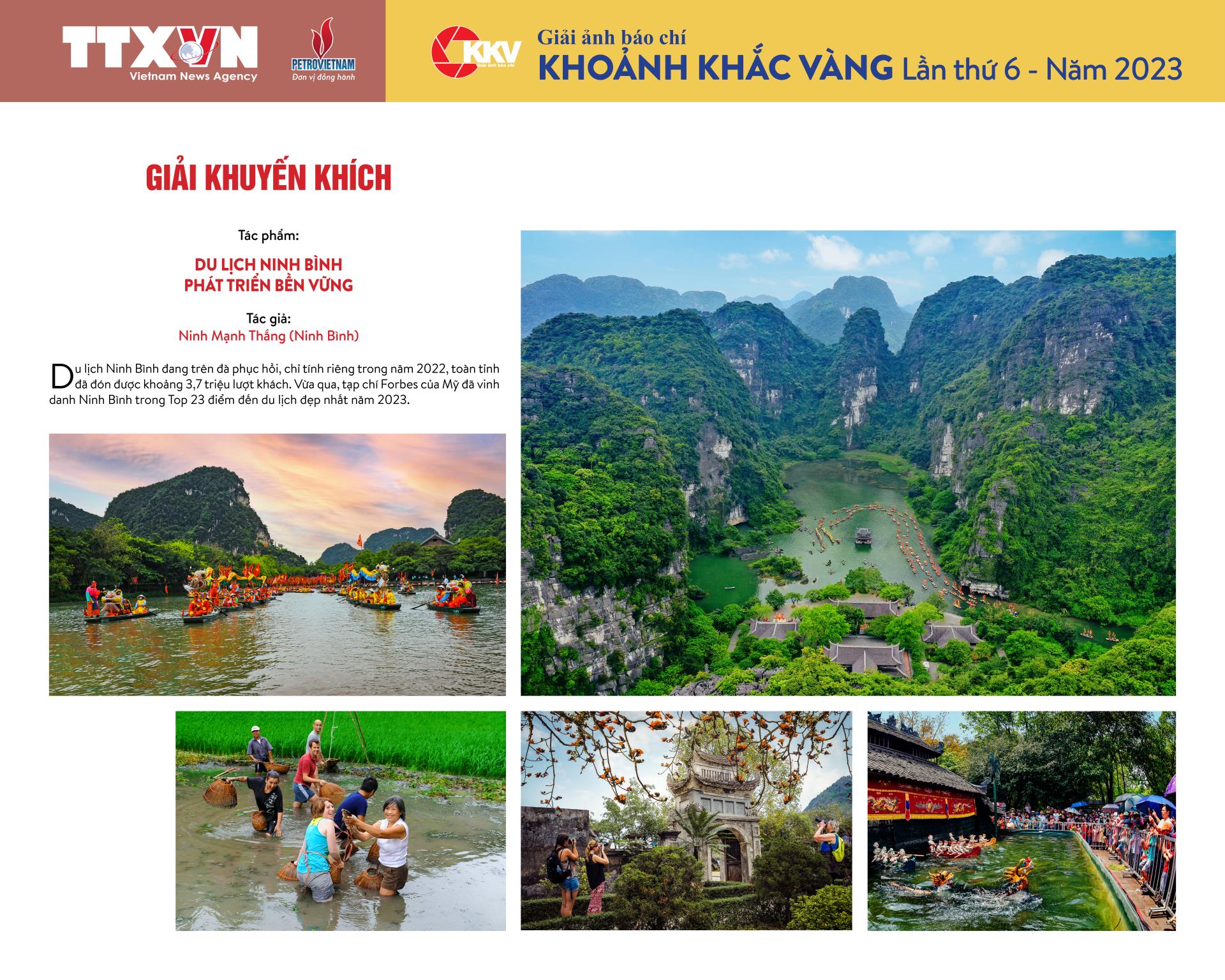 Du lịch Ninh Bình đang trên đà phục hồi , chỉ tính riêng trong năm 2022 toàn tỉnh đã đón được 3,7 triệu lượt khách.Vừa qua tạp chí Forbes của Mỹ đã vinh danh Ninh Bình trong top 23 điểm dến đẹp nhất năm 2023